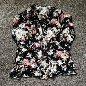 Vintage North Style Black Floral Sheer Ruffle Kimono Cardigan Size M
